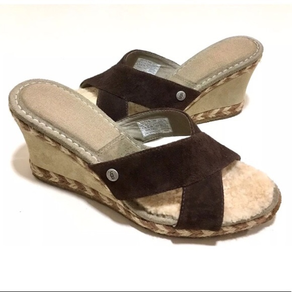 UGG Margot Chocolate Brown Leather Wedge Sandal 9